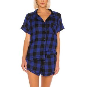 REVOLVE x PLUSH Buffalo Plaid Pajama Set & Scrunchie, Blue XS NWT